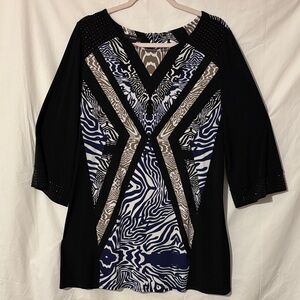 Alfani Black Navy and Tan Abstract V-Neck Tunic with Stud Accents